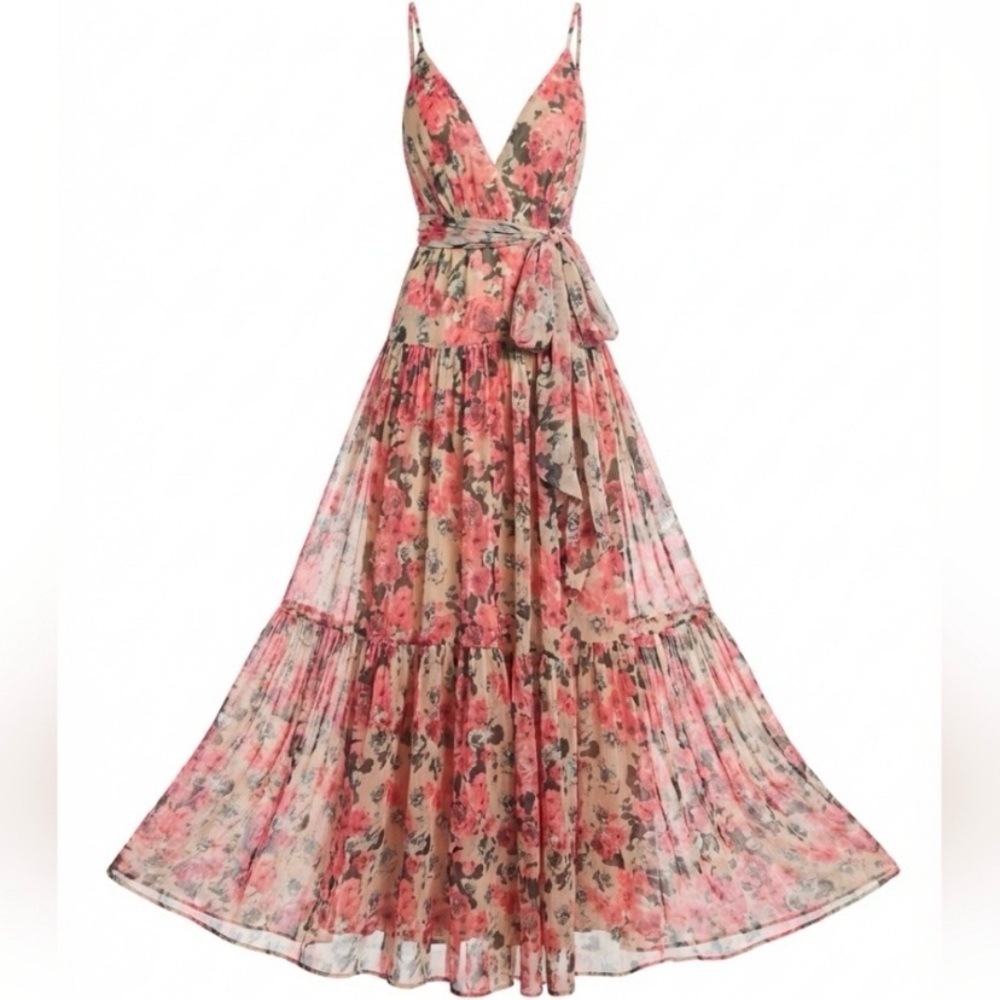 ASTR the Label Eartha Floral Tiered Maxi Dress L Pink Taupe Metallic